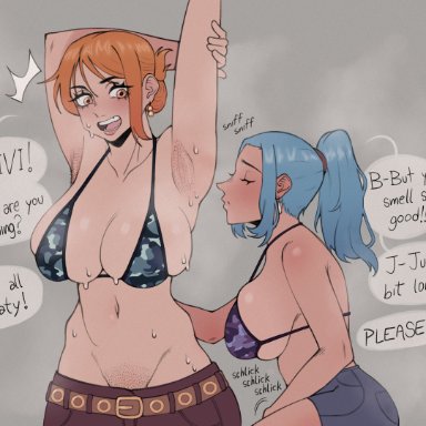 one piece, sky island saga, nami, nami (one piece), nefertari vivi, fspc, armpit fetish, armpit stubble, armpits, blue hair, female, female only, female/female, fingering self, masturbation