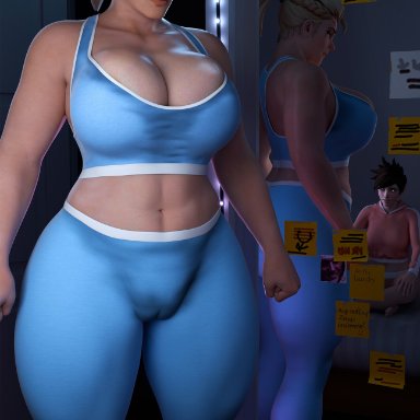 overwatch, overwatch 2, tracer, zarya, sandreiio, 2girls, abs, ass, big ass, big breasts, blonde hair, blue eyes, breasts, bursting breasts, cameltoe