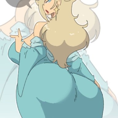 mario (series), super mario galaxy, princess rosalina, leedraw11, 1girls, ass, ass focus, back view, bangs, bangs over one eye, behind, behind view, big ass, big breasts, bimbo