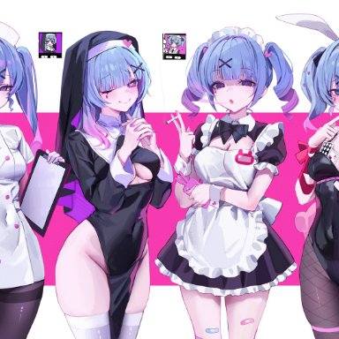 rabbit hole (vocaloid), vocaloid, ace of hearts, hatsune miku, gompang 11, :q, ace (playing card), alternate costume, animal ears, apron, bandaid, bandaid on leg, between fingers, black dress, black headwear