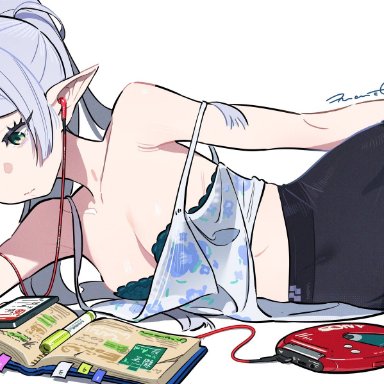 frieren beyond journey's end, sousou no frieren, frieren, 1girls, belly button, bra, cd player, elf, elf ears, elf female, female, green eyes, grey hair, listening to music, lying