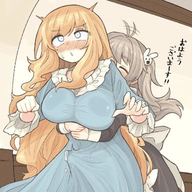 original, az84997592, 1futa, 1girls, ahoge, ahoge wag, apron, arms around waist, big breasts, black dress, blonde hair, blue dress, blue eyes, blush, breasts