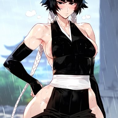 bleach, soifon, floox, thiccwithaq (ai style), 1girls, alternate breast size, black hair, breasts, female, large breasts, light skin, light-skinned female, short hair, ai generated, artstyle imitation