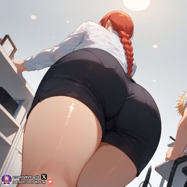 chainsaw man, makima (chainsaw man), sillyfrog, ass, ass focus, backsack, below view, big ass, big butt, bimbo, bimbo body, bubble ass, bubble butt, butt focus, confident