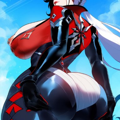 genshin impact, arlecchino (genshin impact), evilkuro05, black lipstick, grabbing, grabbing own ass, looking back, massive, massive ass, massive breasts, two tone bodysuit, ai generated, artist name, novelai