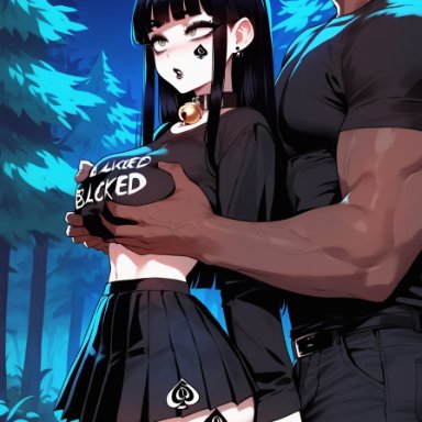 bella (xandr), xandr, bell, bell collar, black hair, choker, dark hair, dark-skinned male, groping, groping breasts, groping from behind, interracial, long hair, narrow waist, pale skin