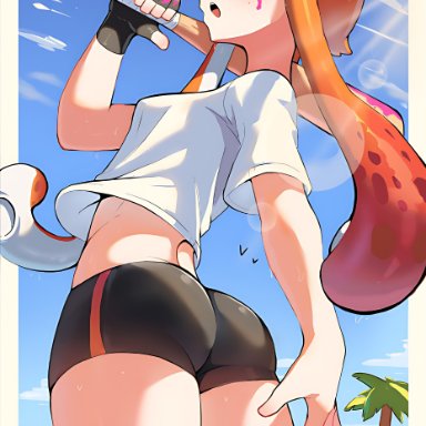 nintendo, splatoon, splatoon (series), inkling, inkling girl, wersman, ass, baseball bat, beach, bike shorts, black gloves, black shorts, blue sky, blunt bangs, cloud