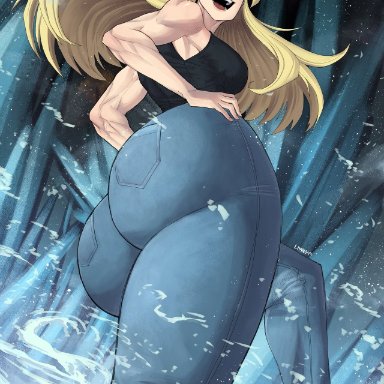 jujutsu kaisen, shueisha, yuki tsukumo, limn044, 1woman, ass focus, blonde hair, bubble butt, detailed background, dumptruck ass, fully clothed, huge ass, ice, jeans, long hair