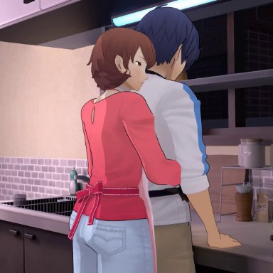 persona, persona 3, persona 3 reload, makoto yuki, yukari takeba, lazyprocrastinator, 1boy, 1girls, apron, blue hair, brown eyes, brown hair, light skin, light-skinned female, sex