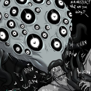 eldritch abomination, original character, the baptist (zeblackballd), ze blackball.d, zeblackballd (artist), 2boys, alien, alien boy, black body, black lips, black lipstick, blowjob, cock hungry, cum hungry, eldritch horror