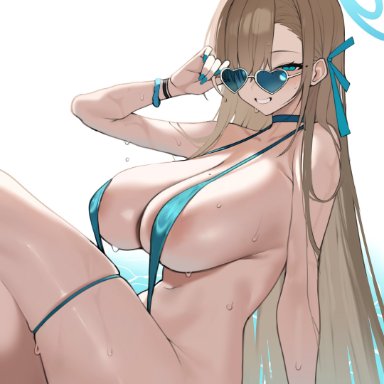 blue archive, asuna (blue archive), toma50, 1girls, adjusting eyewear, adjusting glasses, adjusting sunglasses, areola slip, big breasts, blue eyes, blue nails, blue sling bikini, blue-tinted eyewear, choker, covered nipples