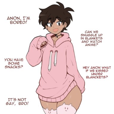 anime dork boyfriend meme, ms pigtails, skyguyart, 1boy, ambiguous gender, androgynous, baggy clothing, cat thighighs, choker, clothing, dark hair, dark skin, dark-skinned femboy, earrings, femboy