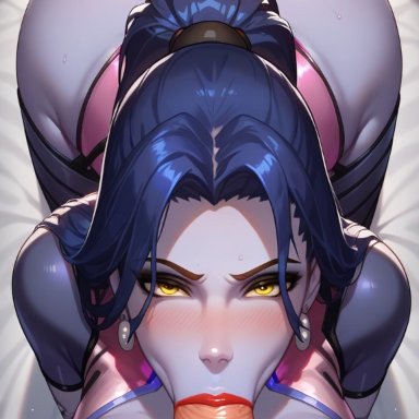 overwatch, widowmaker, sillyfrog, 1girls, arching back, ass, bending over, big ass, big breasts, big butt, big penis, blowjob, blush, breasts, butt crack