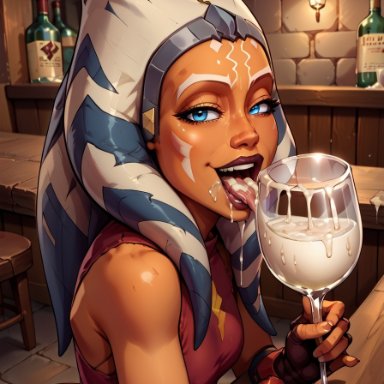 clone wars, star wars, ahsoka tano, togruta, hmember, 1female, 1girls, alien, alien girl, alien humanoid, bar, bar counter, bare shoulders, big hair, blue eyes