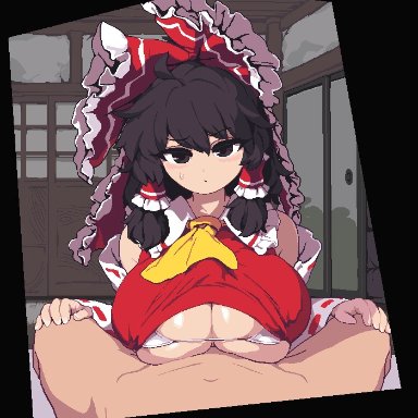 touhou, hakurei reimu, reimu hakurei, takorin, 1boy, 1girls, alternate breast size, ascot, bow, bra, breasts, breasts bigger than head, brown eyes, brown hair, collared shirt