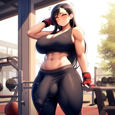 final fantasy, tifa lockhart, 1futa, abs, ball bulge, balls, balls under clothes, black hair, blush, breasts, bulge through clothing, cameltail, closed eyes, flaccid, fully clothed