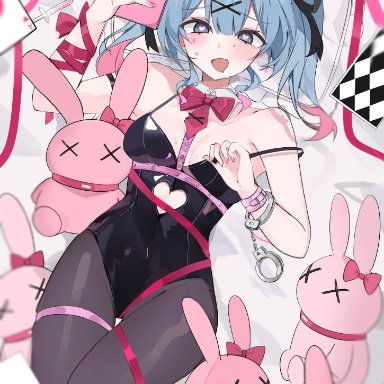 vocaloid, hatsune miku, waimoniku, 1girls, animal ears, bare shoulders, bed sheet, black leotard, blue eyes, blue hair, bow, bowtie, breasts, bunny costume, bunny ear