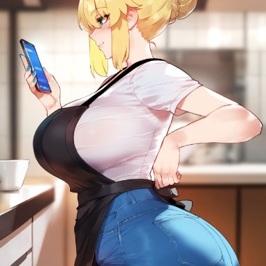 fate (series), artoria pendragon, artoria pendragon (fate), artoria pendragon (lancer), saber, miyuai, 1girls, apron, blonde female, blonde hair, blonde hair female, chef, female, female focus, female only