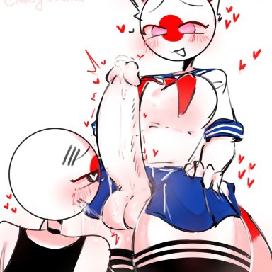 among us, countryhumans, countryhumans girl, japan (countryhumans), south korea (countryhumans), kak0yt0 chel, 1futa, 1girls, balls, big breasts, big penis, big thighs, breasts, catgirl, clothed