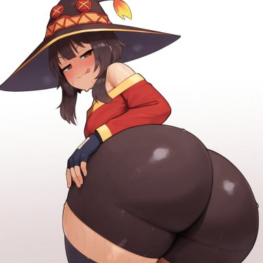 megumin, smesh (artist), 1girls, ass, ass focus, back view, big ass, bike shorts, blush, brown hair, female only, huge ass, legs, long hair, looking at viewer