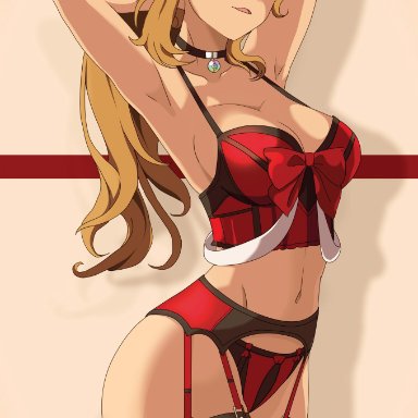 pokemon, pokemon xy, serena (pokemon), vivivoovoo, aged up, alluring figure, anime eyes, black and red lingerie, blonde hair, cat eyes, cute nose, delicate lips, ears hidden behind hair, fair skin, fair-skinned female