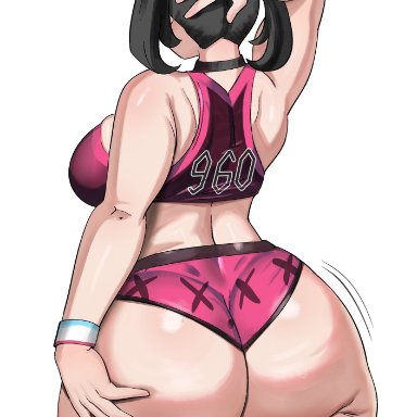 pokemon, marnie (pokemon), ytrall, 1girls, ass, big ass, black hair, bottom heavy, breasts, bubble butt, clothing, crop top, dat ass, dumptruck ass, fat ass