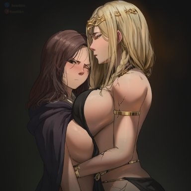 elden ring, fromsoftware, melina (elden ring), queen marika the eternal, bone of arc, boneofarc, 2girls, armlet, asymmetrical docking, big ass, big breasts, black background, black dress, blonde hair, braid