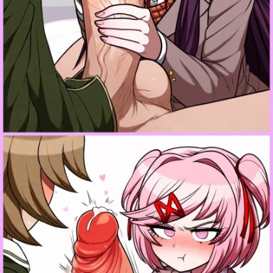 danganronpa, doki doki literature club, fujisaki chihiro, yuri (doki doki literature club), 1boy, 4girls, balls, big penis, blush, clothing, faceless male, felony, handjob, heart, huge cock