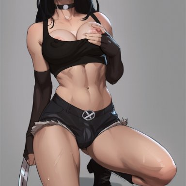 marvel, x-men, x-23, tarakanovich, 1futa, abs, areola slip, areolae, armwear, black hair, boots, booty shorts, breasts, bulge, bulge through clothing