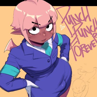 punch punch forever!, jin (punch punch forever!), krekk0v, speedoru, bat wings, bulge, bulge through clothing, elf ears, femboy, monster femboy, mr.jin, mrjin, office clothing, skirt, tagme