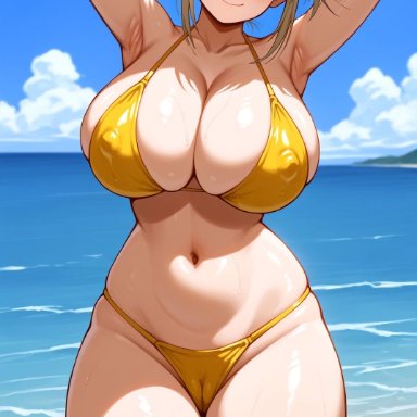 boku no hero academia, my hero academia, himiko toga, toga himiko, gumi arts, bikini, blonde hair, cleavage, covered nipples, covered pussy, hands behind head, huge breasts, navel, oiled, outdoors