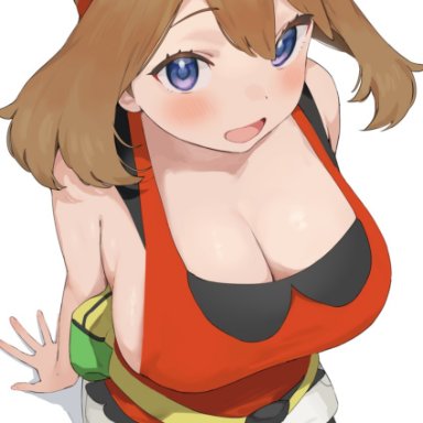 nintendo, pokemon, may (pokemon), nekoshoko, 1girls, alternate breast size, belt, big breasts, biker shorts, black shorts, blue eyes, brown hair, cleavage, female, female focus