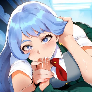 my hero academia, nejire hado, tittyg-ai, 1boy, 1girls, adjusting hair, blue hair, cum, cum in mouth, fellatio, from below, handjob, hidden, looking at viewer, oral