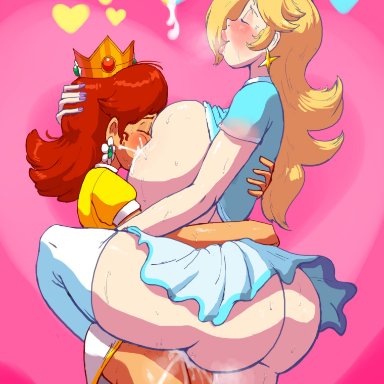 mario (series), mario golf, nintendo, princess daisy, princess rosalina, outta sync, 1futa, 1girls, alternate breast size, ass, auburn hair, balls, big ass, big breasts, big butt