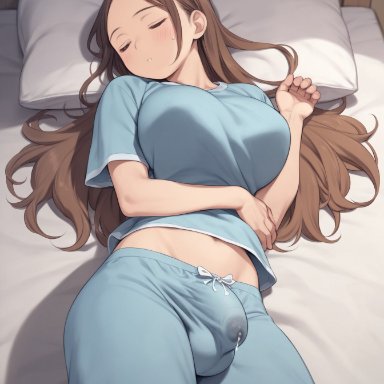 supergetthi, 1futa, asleep, belly button, blue pajamas, blush, brown hair, bulge, closed eyes, eyes closed, futa only, futanari, large breasts, laying on back, laying on bed