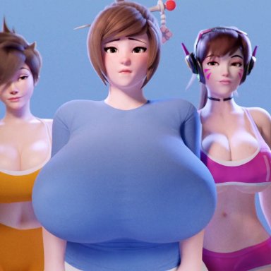 blizzard entertainment, overwatch, d.va, mei (overwatch), tracer, scrag boy, scraggy (artist), 3girls, cleavage, fat ass, female only, groping, groping ass, groping breasts, groping from behind