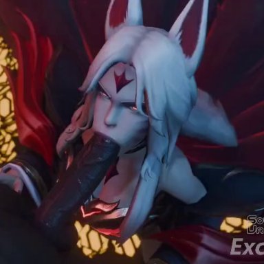 league of legends, riot games, ahri, immortalized legend ahri, akujisaitova, excovacado, vranimeted, :&gt;=, animal ears, blowjob, clothed female, couple, dark skin, dark-skinned male, deepthroat