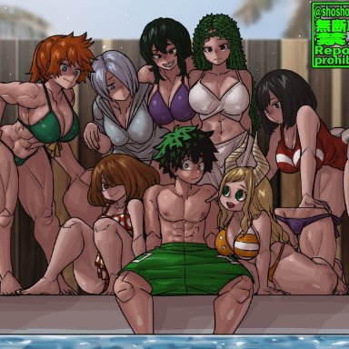 my hero academia, itsuka kendou, izuku midoriya, komori kinoko, shiozaki ibara, tokage setsuna, tsunotori pony, yanagi reiko, yui kodai, shosho oekaki, 6+girls, 7girls, american, big breasts, bikini