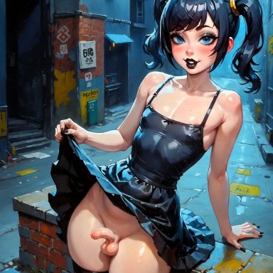 thecoomjurer, 1boy, black dress, black eyeshadow, black hair, black legwear, black lips, black lipstick, blue eyes, blush, blush lines, crossdressing, dress, dress lift, exhibitionism