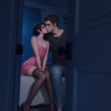 maia (caught), secretivethoughts (artist), bedroom, black hair, doorway, dress, feminization, flat chest, high heels, kissing, looking through door, maia secretivethoughts, male/femboy, party, short hair