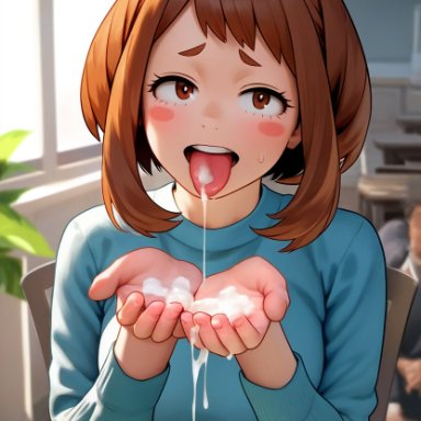 boku no hero academia, my hero academia, ochako uraraka, bob cut, cum in hands, cum on tongue, cum trail, cupping hands, female, sitting, solo, tongue out, ai generated