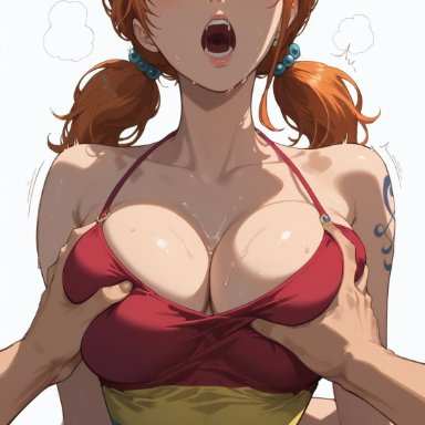 one piece, one piece film strong world, shounen jump, nami, nami (one piece), bewaretheaimachinegod, 1boy, 1girls, bare arms, bare legs, bare shoulders, bare thighs, big breasts, blush, female