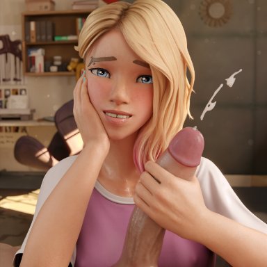 marvel, marvel comics, spider-man (series), gwen stacy, gwen stacy (spider-verse), spider-gwen, wtfsths, 1boy, 1girls, asymmetrical hair, blonde female, blonde hair, blue eyes, breasts, cum