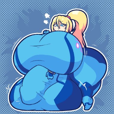 metroid, samus aran, zero suit samus, vivilove lite, 1futa, balls, balls bigger than head, bangs, big cock, big testicles, big thighs, blonde hair, blue eyes, blush, blush lines