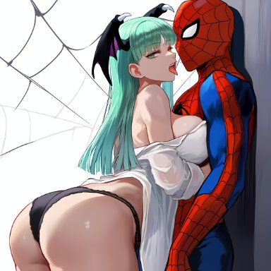 capcom, darkstalkers, marvel, marvel comics, marvel vs. capcom, spider-man (series), morrigan aensland, spider-man, against wall, assertive female, before sex, big breasts, black panties, breasts, bubble ass