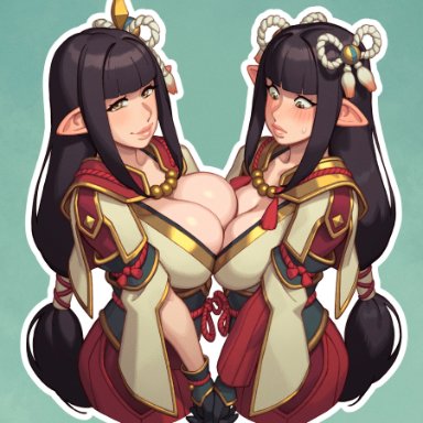 capcom, monster hunter, monster hunter rise, hinoa, minoto, wyverian, rizdraws, 2girls, ass, big breasts, black hair, blush, blushing, breast awe, breasts