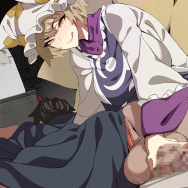 touhou, ran yakumo, buckethead ero, 1boy, animal ears, anus, anus peek, assertive female, blonde hair, blue tabard, breasts, cum, cum on floor, dominant female, dress