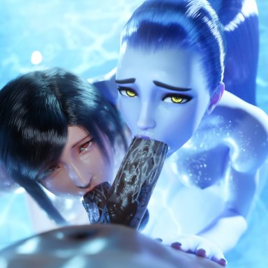 final fantasy, final fantasy vii, overwatch, tifa lockhart, widowmaker, mikadawn, 1boy, 2girls, black hair, black hair female, blowjob, blue hair female, blue skin, collaborative fellatio, dark-skinned male