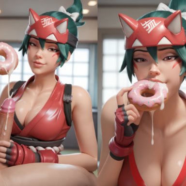 overwatch, overwatch 2, kiriko (overwatch), vbytwo, cum, cum in mouth, cum on food, cumdrip, cumshot, donut, eating cum, green hair, handjob, 3d, 3d (artwork)