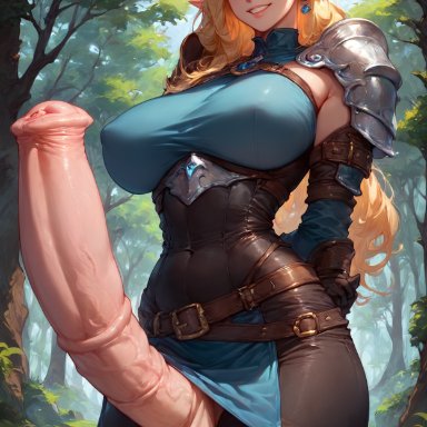 chichibami, armor, big breasts, blonde hair, blue eyes, elf, erection, forest, futanari, horsecock, horsecock futanari, huge balls, huge cock, long ears, long hair